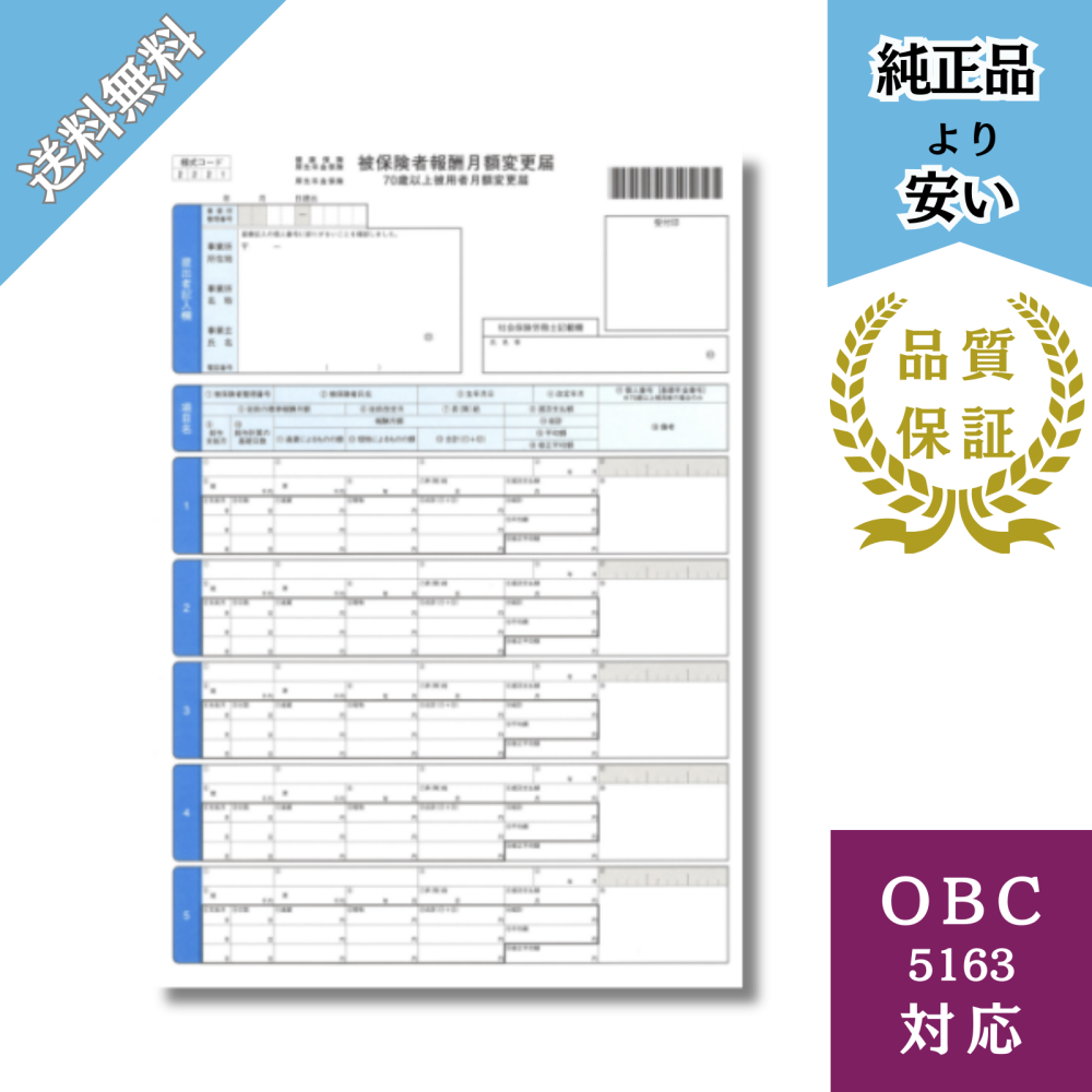 【BH5163】OBC5163対応 単票被保険者月額変更届 給与明細ドットコムオリジナル 200枚